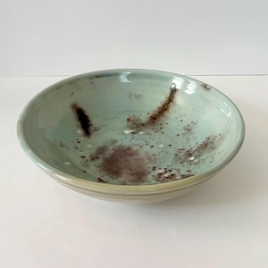 May include: A shallow, round ceramic bowl with a smooth, light mint green glaze. The interior features dark brown and black speckled markings and two prominent, elongated dark streaks that contrast with the pale, glossy surface of the vessel.