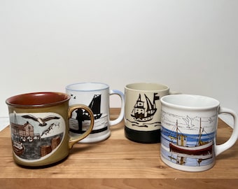 4 kubki do kawy w stylu marynistycznym, vintage, japońskie i koreańskie, kamionkowe, z motywem plażowego żaglowca