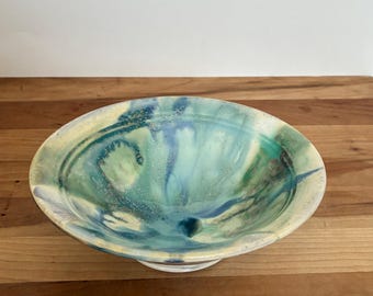 Edgecomb Pottery Bowl Blue Abstract Glaze Maine 7 Inches