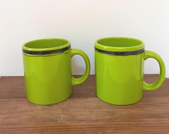 2 Waechstersbach Coffee Mugs Lime Green With Blue Stripe Vintage West Germany