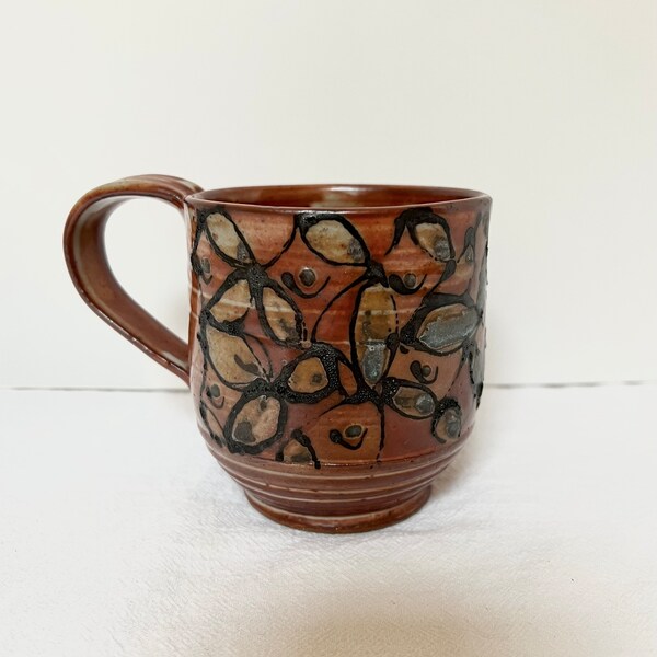 Studio Pottery Coffee Mug Vintage Abstract Design 12 oz Blue Brown Textured Glaze