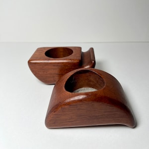 Mid Century Modern Teak Puzzle Candleholders: Danish Style Wood Decor