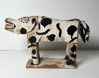 Wood Folk Art Cow Black and White Painted Rustic Vintage Figurine