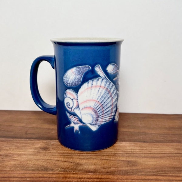 Tall Blue Seashell Coffee Mug Vintage Otagiri Japan Stoneware Beach Nautical