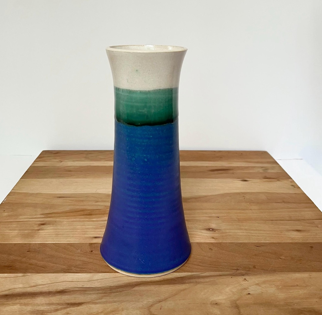 Studio Pottery Tall Vase Blue and Green Color Block Eighties Post ...