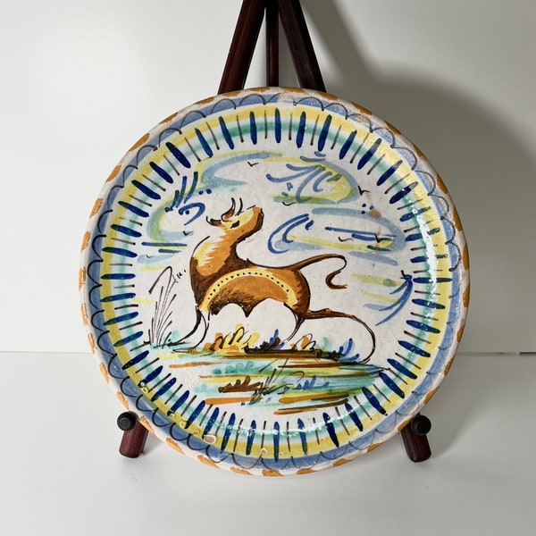 Vintage Triana Pottery Plate Wall Hanging Spain Deer or Gazelle Colorful 10 Inches