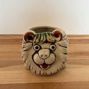Pottery Lion Planter 4” x 4” Vintage Kitsch Bisque Ceramic