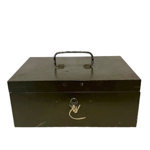 Metal Cash Box Lock Box With Key  Industrial Patina Vintage Dark Gray Green