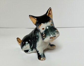 Scotty Schnauzer Terrier Dog Figurine Ceramic Blavk White Gold Vintage