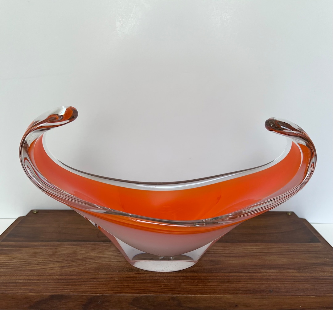 Flygfors Orange Glass Bowl Sweden Coquille Cased Art Glass Paul