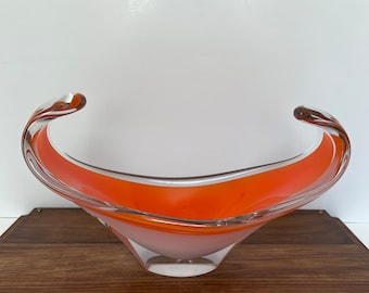 Flygfors Orange Glass Bowl Sweden Coquille Cased Art Glass Paul Kedelv Mid Century