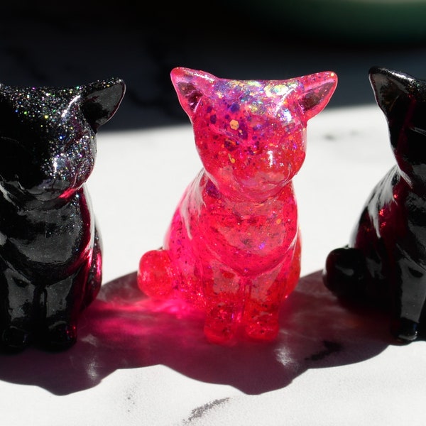 Pink Black Little Kitty by unicorn crossing cute sparkle resin cat figurine art toy cosmic glitter iridescent original sculpture handmade