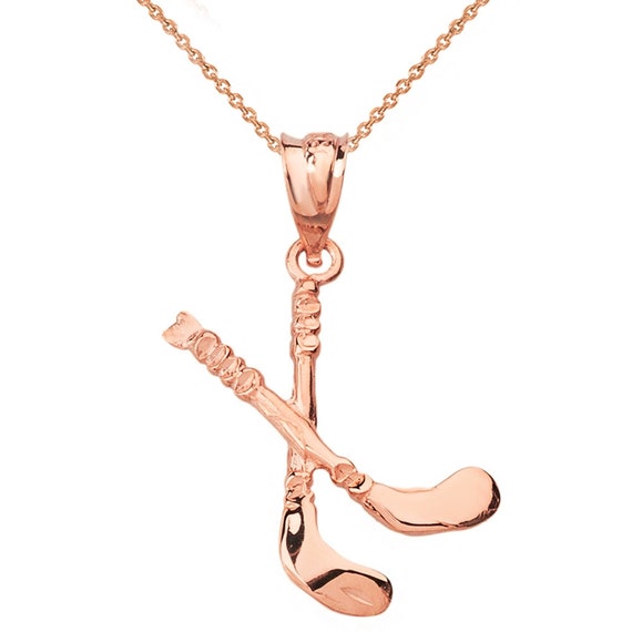 Solid Genuine Rose Gold Hockey Sticks 3d Pendant Necklace - Gold Hockey Stick Pendant