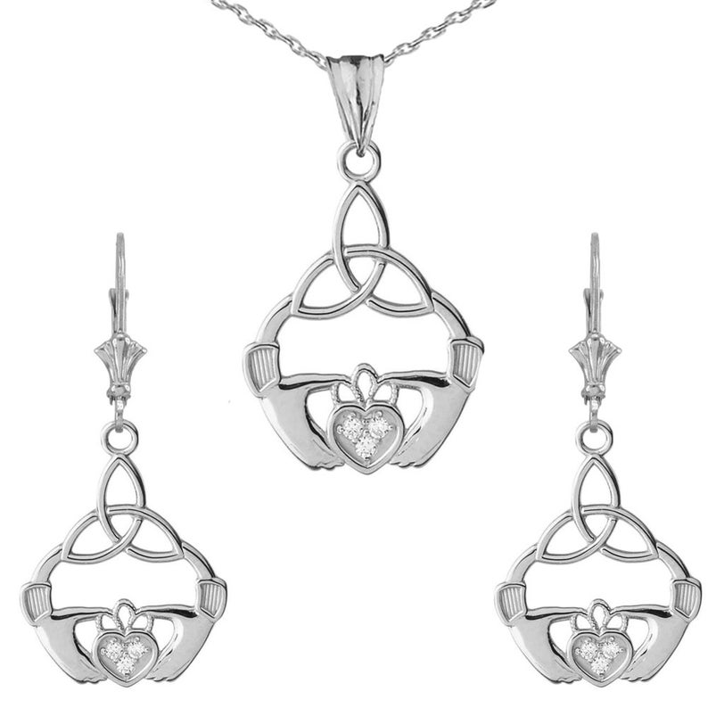 Necklace Set Claddagh Pendant Trinity Knot Pendant CZ Lover Sterling Silver Pendant Cubic Zirconia Pendant Handmade Jewelry