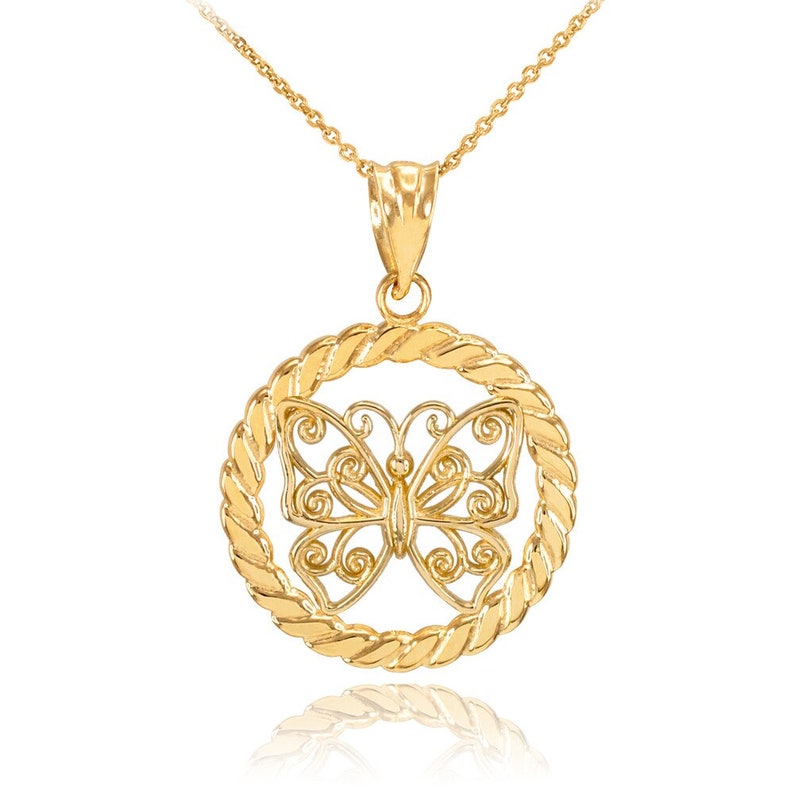 Gold Filigree Butterfly in Circle Rope Pendant Necklace