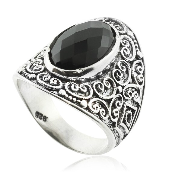Silver Ring Statement Ring Black Onyx Ring Milgrain Ring | Etsy