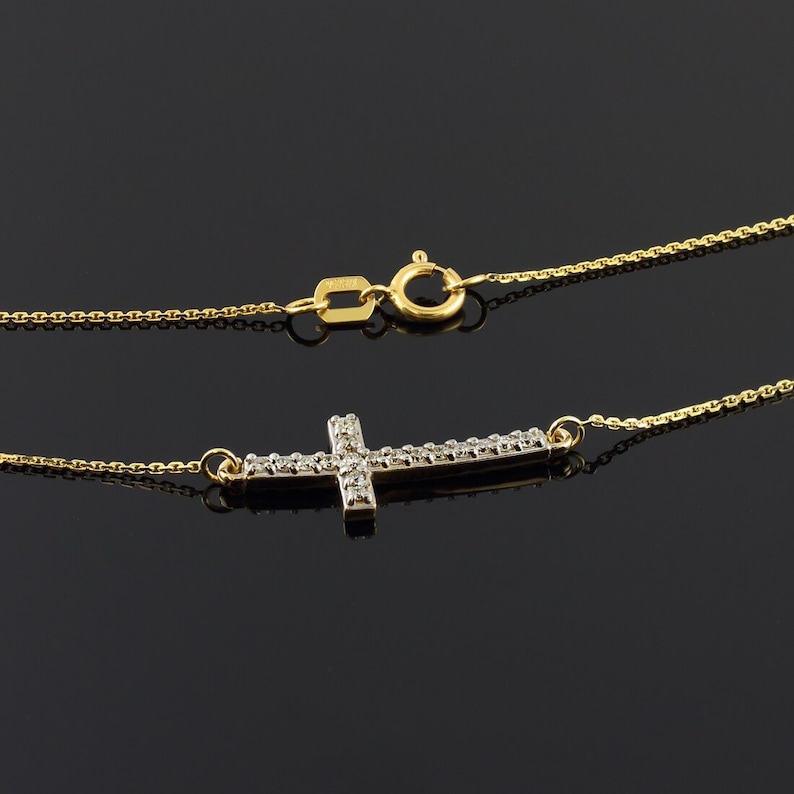14K Gold Sideways Curved Cross Cute CZ Necklace