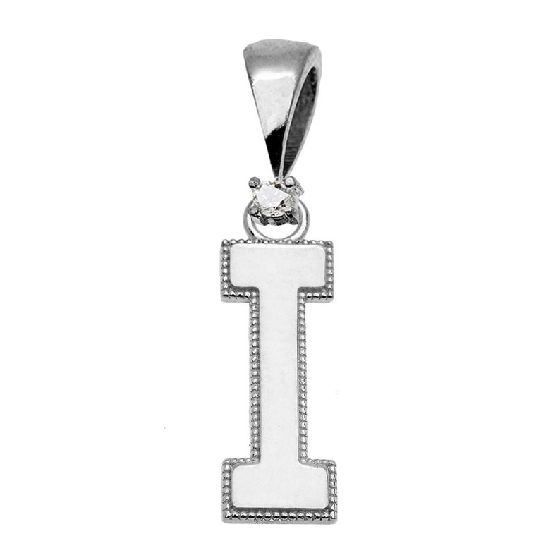 White Gold High Polish Milgrain Solitaire Diamond I Initial Pendant Necklace
