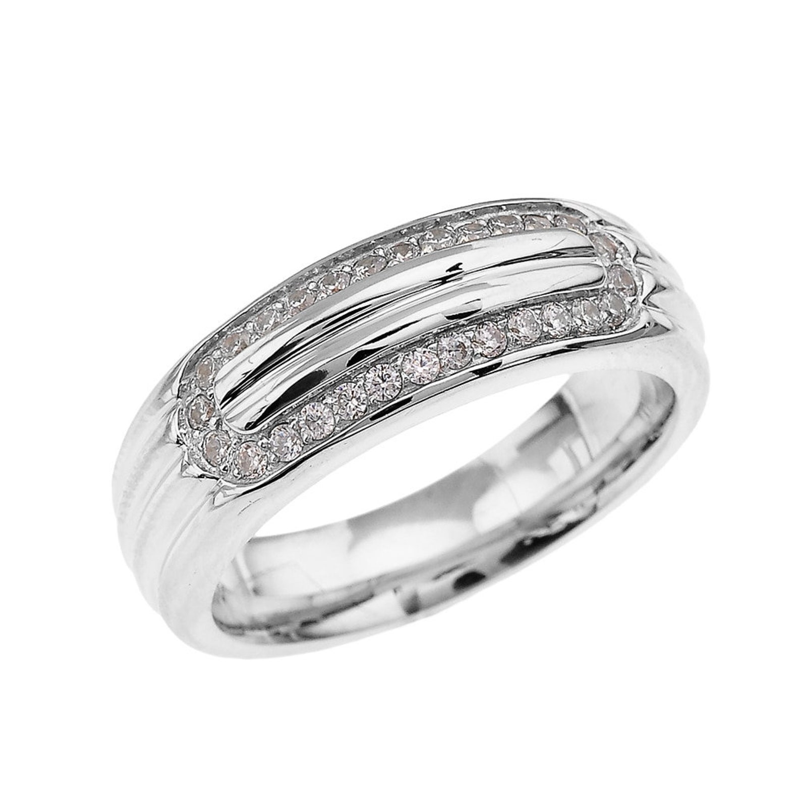 White Gold Ring Ribbed Stripe Stripe Design CZ Ring CZ | Etsy