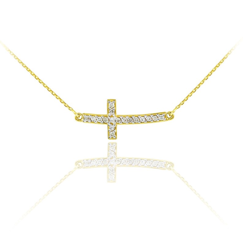14K Gold Sideways Curved Cross Cute CZ Necklace