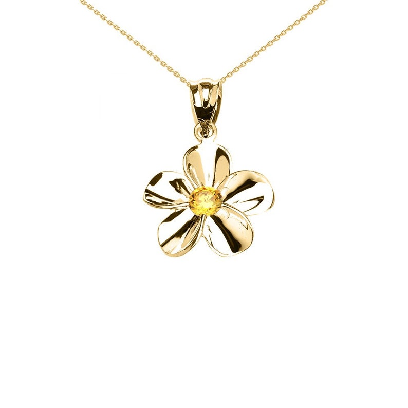 Yellow Gold Hawaiian Plumeria Citrine Dainty Pendant Necklace