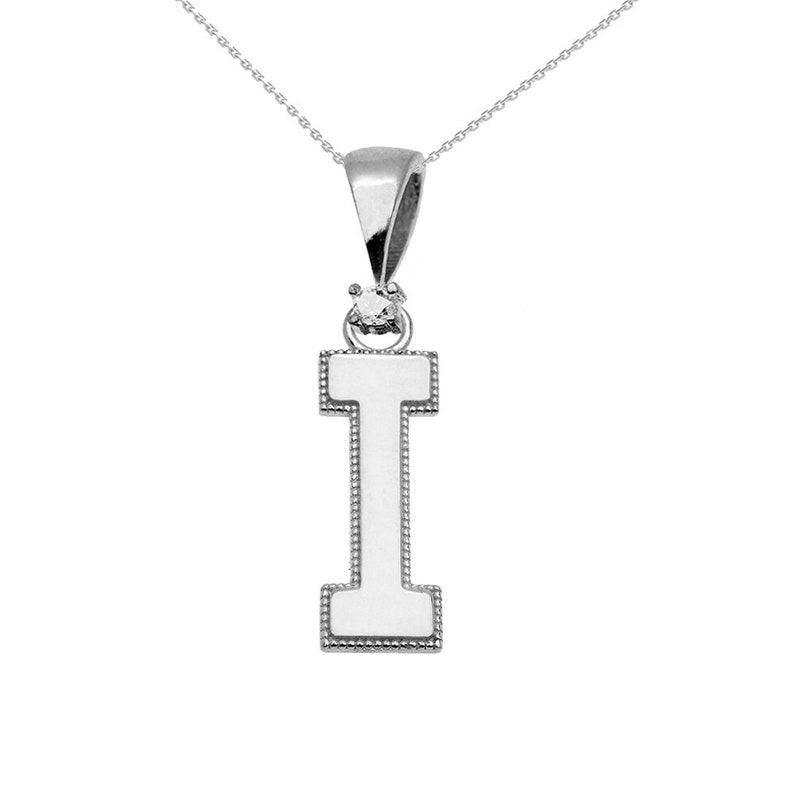White Gold High Polish Milgrain Solitaire Diamond I Initial Pendant Necklace