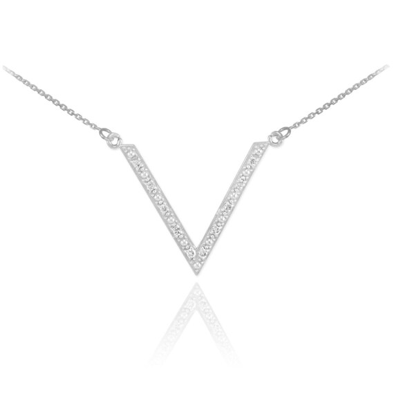 14K White Gold Diamond Studded V Necklace Etsy