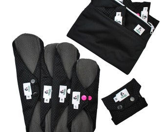Anti-slip 9pcs Starter Set - Black Reusable Sanitary Period Pads Cloth Towels - YOU CHOOSE Sizes to compose your set