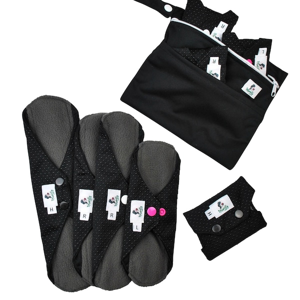 Anti-slip 9pcs Starter Set - Black Reusable Sanitary Period Pads Cloth Towels - YOU CHOOSE Sizes to compose your set