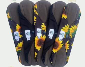 11" Reusable Sanitary Menstrual Pads Heavy Flow Sunflower and Black - Set of 5
