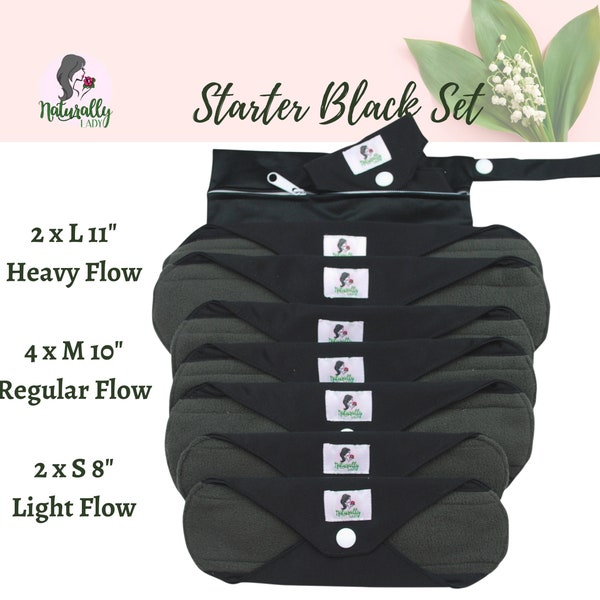 9 piezas Starter Set All Around Flow - Toallas menstruales sanitarias de tela reutilizables negras / Regalo para ella / Autocuidado - Bolsa 2S 4M 2L