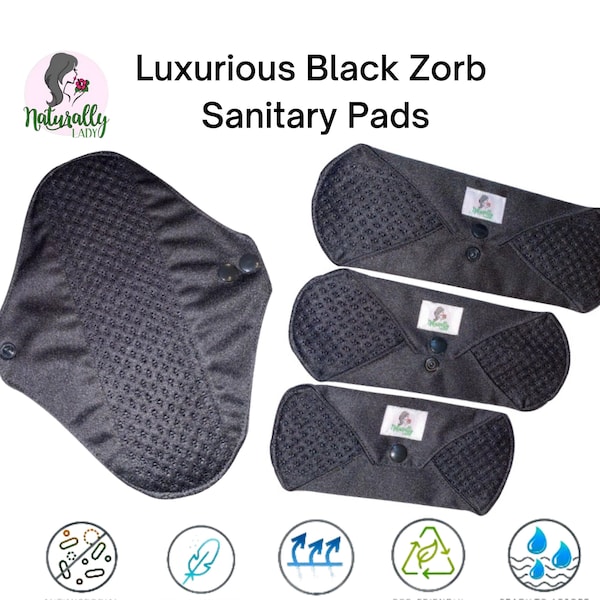 Exclusive Luxury Black Zorb 3D Reusable sanitary menstrual cloth pads towels napkins - Self-care eco zero waste gifts for her