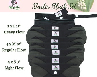 9 pcs Starter Set All Around Flow - Black Reusable cloth sanitary menstrual towels pads napkins | Gift for her| Self-care - 2S 4M 2L Bag