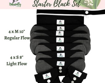 9 pcs Starter Set Light to Regular flow - Black Reusable cloth sanitary menstrual towels pads napkins | Gift for her| Self-care -  4S 4M Bag