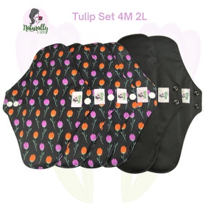 7 pcs Set - Tulip Reusable Cloth Menstrual Sanitary Towels Pads ( 4 Size M and 2 Size L for heavy flow or night time + Wet Bag)