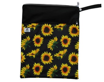 Big Wet Bag 30cm x 40cm Sunflower pattern for baby nappies or reusable washable sanitary pads towels - Double Pockets
