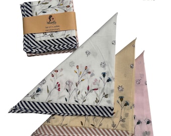 Set of 3 Beautiful Ladies Handkerchiefs Cotton cloth reusable washable 45x45cm - Christmas gift - Gift for her eco friendly
