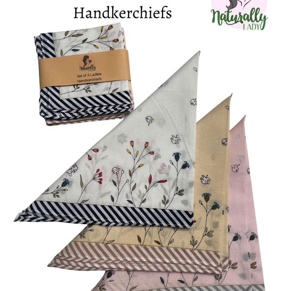 Set of 3 Beautiful Ladies Handkerchiefs Cotton cloth reusable washable 45x45cm - Christmas gift - Gift for her eco friendly