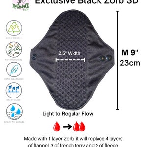 Exclusive Luxury Black Zorb 3D Reusable sanitary menstrual cloth pads towels napkins Self-care eco zero waste gifts for her 23cm or 9" inches