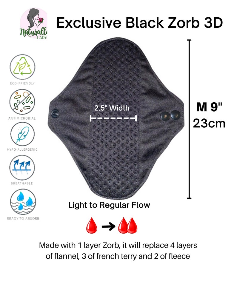 Exclusive Luxury Black Zorb 3D Reusable sanitary menstrual cloth pads towels napkins Self-care eco zero waste gifts for her 23cm or 9" inches