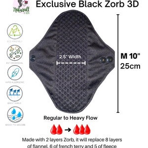 Exclusive Luxury Black Zorb 3D Reusable sanitary menstrual cloth pads towels napkins Self-care eco zero waste gifts for her 25cm or 10" inches