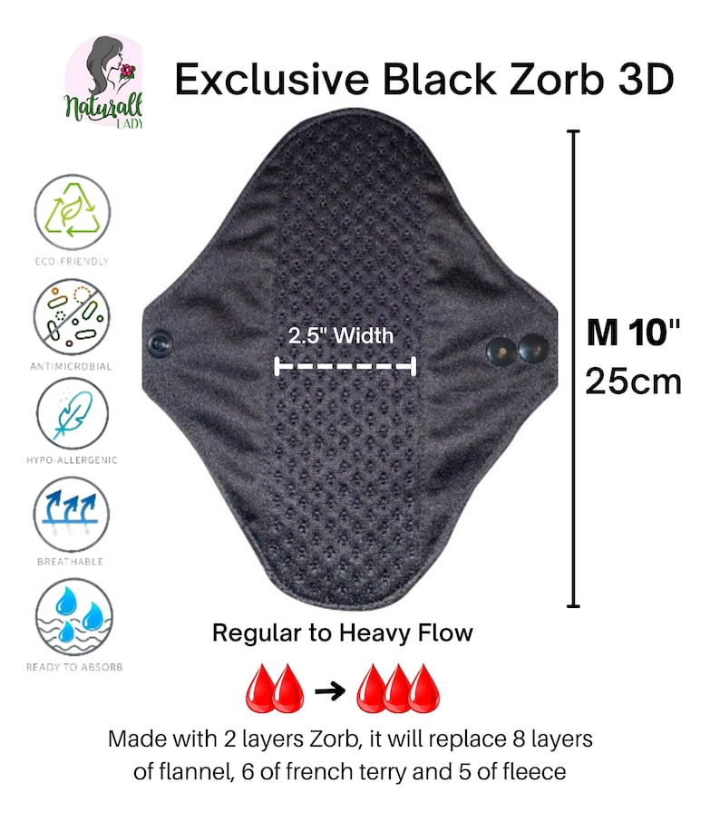 Exclusive Luxury Black Zorb 3D Reusable sanitary menstrual cloth pads towels napkins Self-care eco zero waste gifts for her 25cm or 10" inches