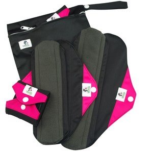 7 pcs Set - Black Reusable Cloth Menstrual Sanitary Towels Pads ( 4 Size M and 2 Size L for heavy flow or night time + Wet Bag)