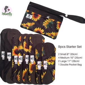 Starter Set 9 pcs Set - Sunflower Reusable Cloth Sanitary Towels Pads Napkins eco zero waste| gift for her ( 2S4M2LBag)