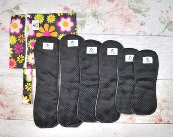 6pcs Set - Anti-Slip Wingless Black Reusable cloth sanitary towels pads napkins - YOU CHOOSE Sizes gift for her self care