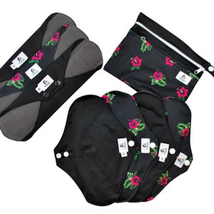 8pcs Set - Black and Spanish print Reusable cloth menstrual sanitary towels pads napkins - (4M3L) eco friendly and zero waste gift for her