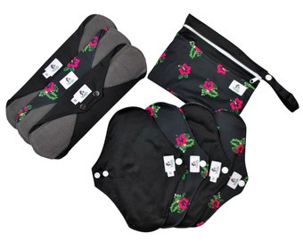 8pcs Set - Black and Spanish print Reusable cloth menstrual sanitary towels pads napkins - (4M3L) eco friendly and zero waste gift for her
