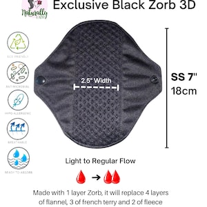 Exclusive Luxury Black Zorb 3D Reusable sanitary menstrual cloth pads towels napkins Self-care eco zero waste gifts for her 18cm or 7" inches