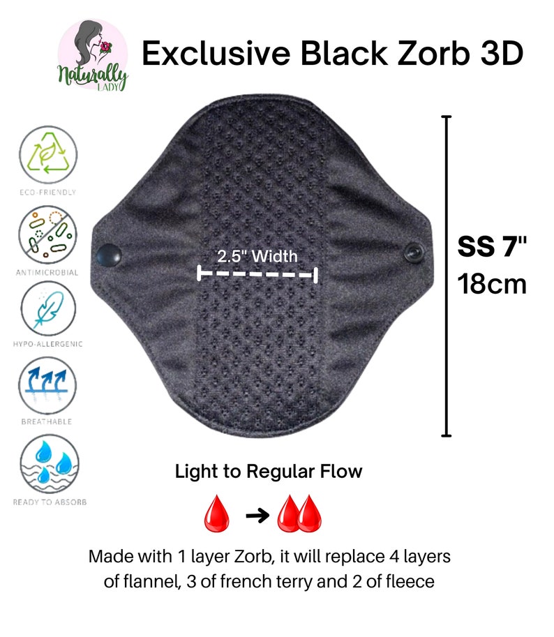Exclusif Luxury Black Zorb 3D Réutilisables serviettes en tissu menstruel hygiéniques serviettes serviettes Cadeaux dauto-soins éco zéro déchet pour elle 18cm or 7" pouces