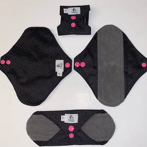 Anti-Slip Black Reusable cloth sanitary towels pads napkins - Choose your size